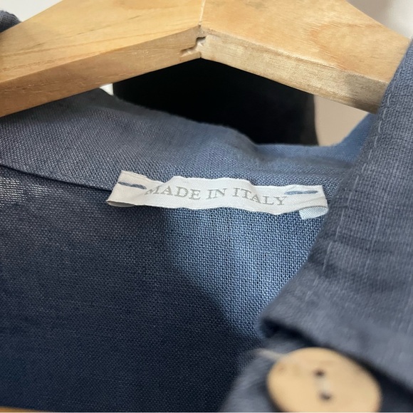 Made In Italy Women’s Denim Blue Short Sleeve Knot Hem Button Down Linen Shirt L - Picture 8 of 9